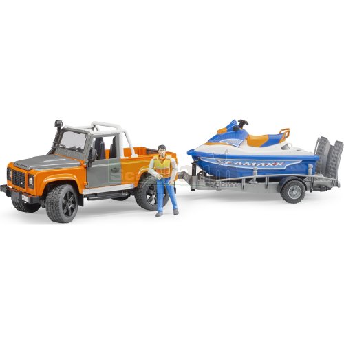 Land Rover Defender Pick Up with Trailer, Personal Water Craft and Figure