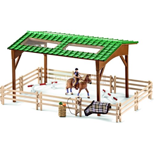 Riding Arena with Shelter, Fencing, Jumps, Horse and Rider