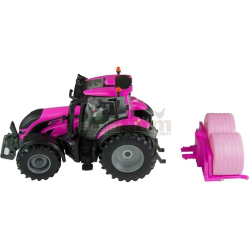 Valtra T254 Tractor with Bale Lifter and 2 Hay Bales - Pink