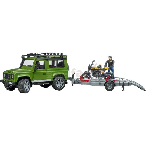 Land Rover Defender with Trailer, Scrambler Ducati Full Throttle and Driver