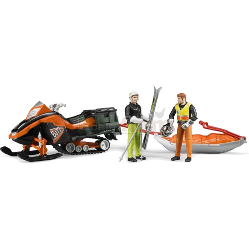 Snowmobile with Driver, Akia Rescue Sledge and Skier