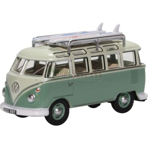 VW T1 Samba Bus with Surfboards - Turquoise/White