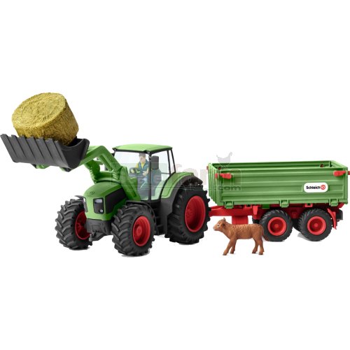 Tractor with Trailer, Driver, Calf and Hay Bale