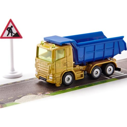 Dumper Truck with Construction Sign and Roll of Imitation Road