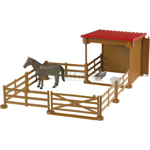Horse shelter with pasture fence and 1 horse
