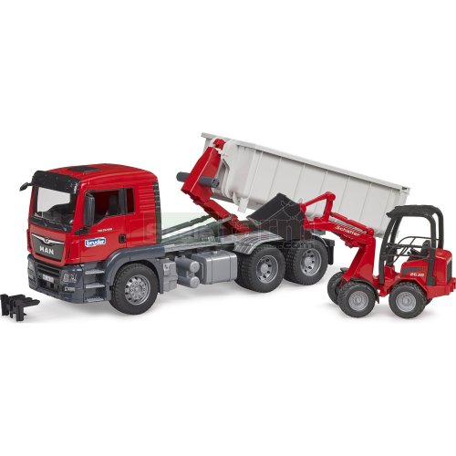 MAN TGS 26.500 Truck with Roll-Off Container and Schaeffer Compact Loader